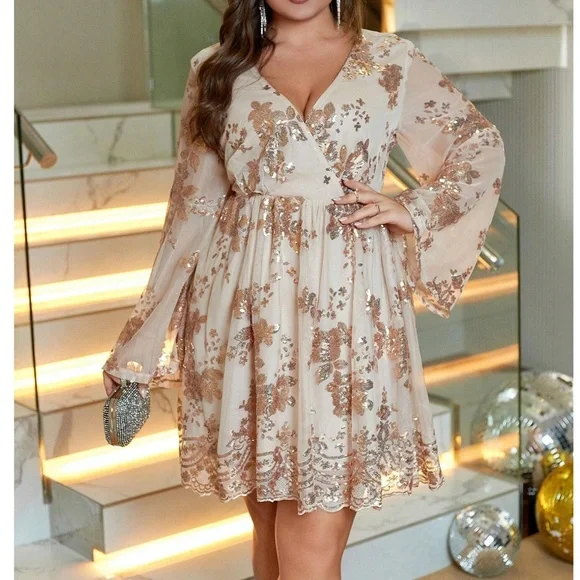 Luxe Floral Sequin Embroidered Sheer Sleeve Party Dress - Picture 4 of 11